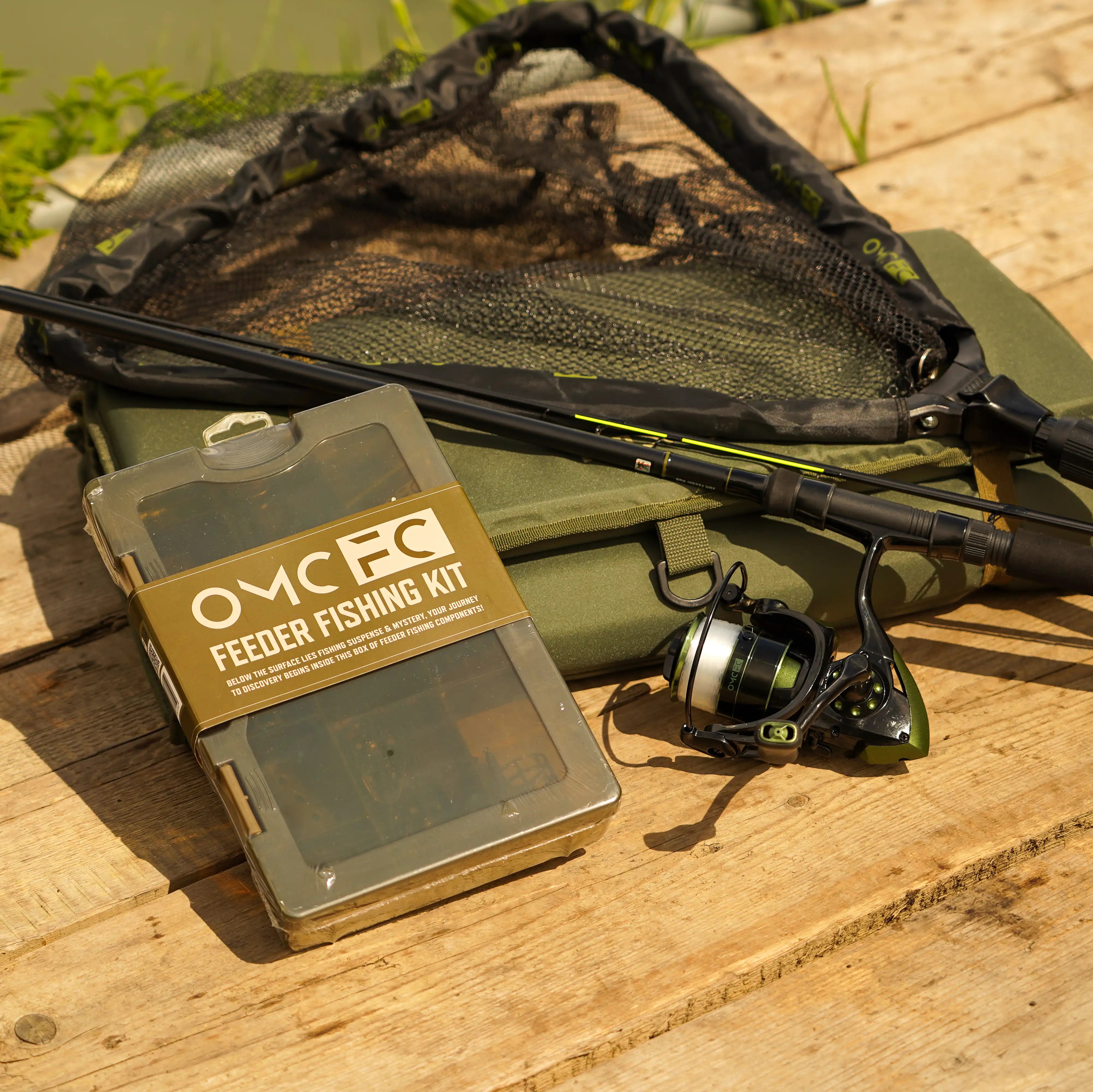 OMC FC One More Cast Feeder Fishing Bundle First Cast Combo Mat Net Tackle Box