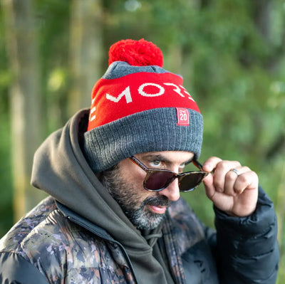 NUMBER 20 OMC ONE MORE CAST BOBBLE HAT WINTER AUTUMN CAMPING OUTDOORS FISHING CARP WARM COSY RED GREY HEADWEAR